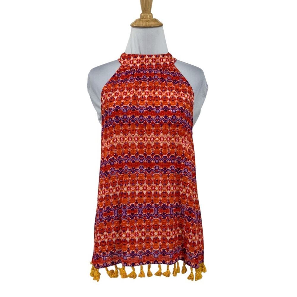THML Top Womens S Small Red Orange Multi Halter Big Bow Tie Back Tassels Hem